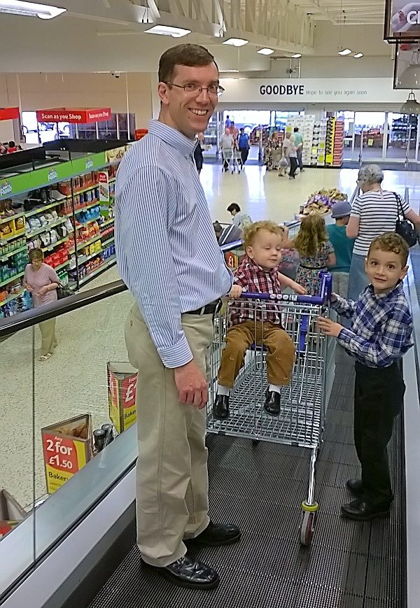 Tesco supermarket in England trolley escalator